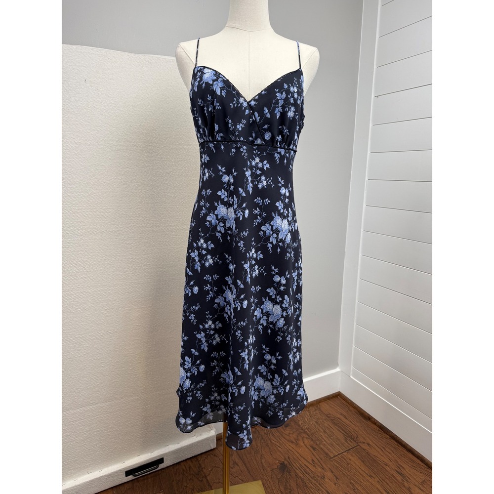 Ann Taylor LOFT Floral Chiffon Slip Dress Dark Floral Midi Navy Blue 8
